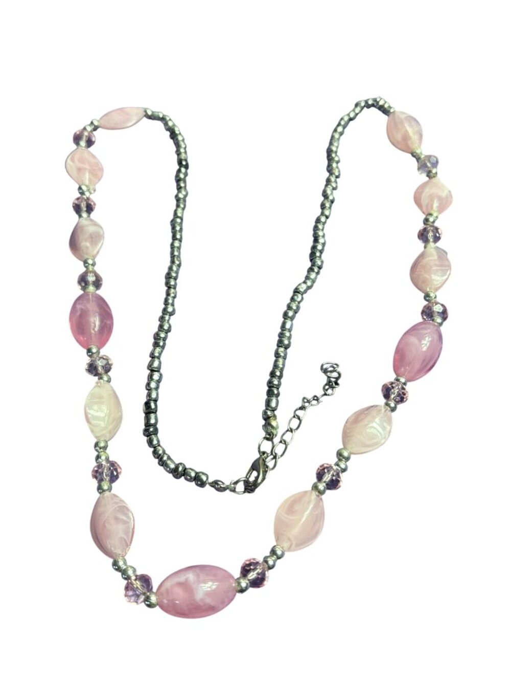 Artisan Pink Plastic Silvertone Beaded Necklace Lobster Clasp 28 - 30 inches